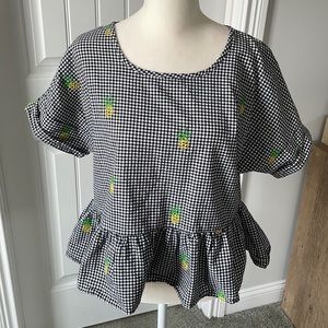 Plaid pineapple embroidered ruffle blouse